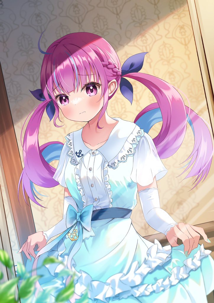 1girl, ahoge, anchor_symbol, aquarium_(visual_novel), arm_warmers, blue_bow, blue_dress, blue_hair