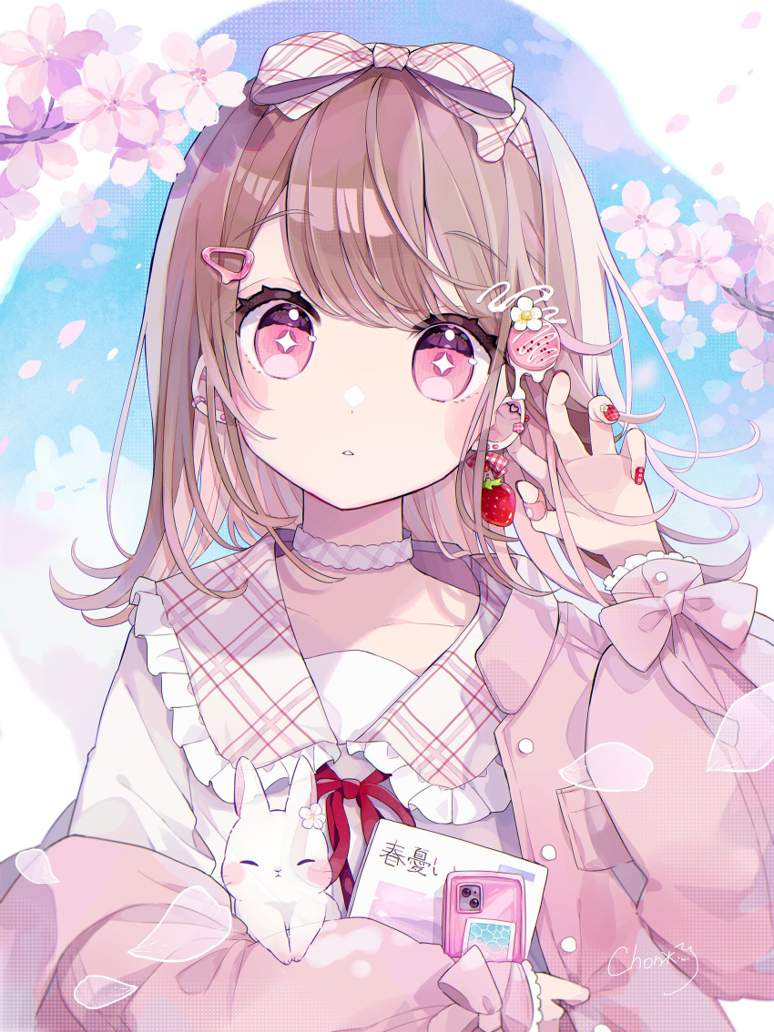 +_+, 1girl, animal, blush, bow, chon_(chon33v), cookie, ear_piercing, earrings, expressionless, falling_petals, fingernails, flower, food, food-themed_earrings, food-themed_hair_ornament, fruit, hair_bow, hair_ornament, hairclip, highres, holding, holding_animal, holding_phone, holding_picture, jacket, jewelry, light_brown_hair, looking_at_viewer, medium_hair, nail_art, nail_polish, original, petals, phone, piercing, pink_eyes, pink_flower, pink_jacket, plaid, plaid_bow, rabbit, red_nails, shirt, signature, solo, strawberry, strawberry_earrings, swept_bangs, white_shirt