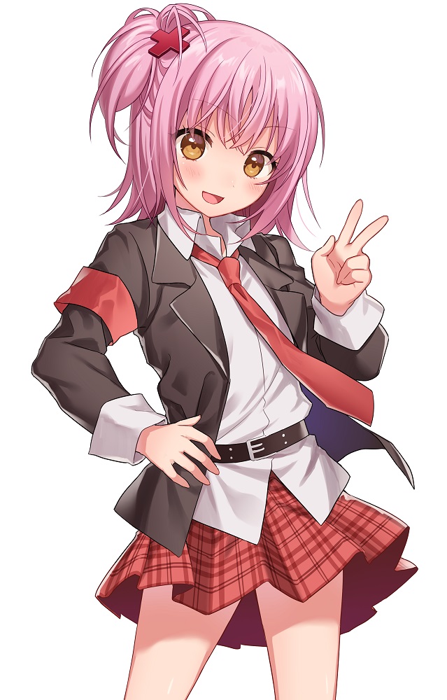 1girl, belt, black_jacket, blazer, blush, brown_belt, collared_shirt, half_updo, hand_on_own_hip, high_ponytail, hinamori_amu, jacket, looking_at_viewer, necktie, open_mouth, orange_eyes, pink_hair, red_armband, red_necktie, red_skirt, school_uniform, seiyo_academy_school_uniform, shirt, shugo_chara!, side_ponytail, skirt, solo, utsunomiya_hetaru, v, white_background, white_shirt