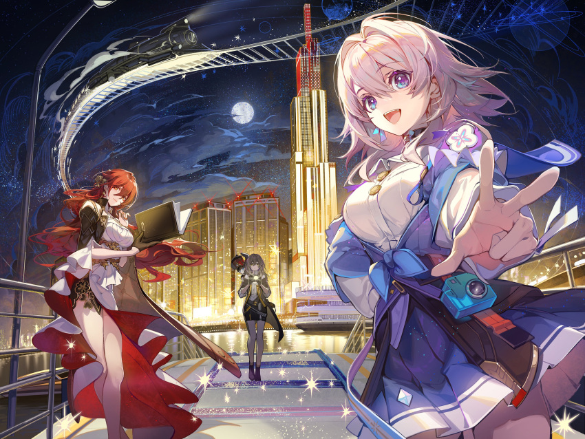 3girls, absurdres, akizero1510, bare_legs, black_footwear, black_gloves, blue_eyes, blue_skirt, book, breasts, building, camera, coat, earrings, english_commentary, feet_out_of_frame, female_trailblazer_(honkai:_star_rail), fence, full_moon, gloves, grey_hair, ground_vehicle, hair_between_eyes, highres, himeko_(honkai:_star_rail), holding, holding_book, honkai:_star_rail, honkai_(series), jewelry, large_breasts, legs, long_hair, long_sleeves, looking_at_viewer, march_7th_(honkai:_star_rail), medium_hair, moon, multiple_girls, nail_polish, night, night_sky, on_shoulder, open_clothes, open_coat, open_mouth, pink_hair, pom-pom_(honkai:_star_rail), railroad_tracks, redhead, single_glove, skirt, sky, standing, taking_picture, teeth, three-finger_salute, trailblazer_(honkai:_star_rail), train, upper_teeth_only, v, vietnam, white_sleeves, yellow_eyes