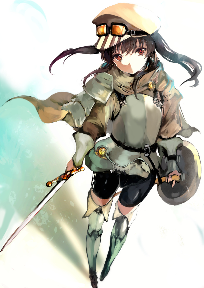 1girl, agulo, armor, belt, bike_shorts, black_hair, boots, breastplate