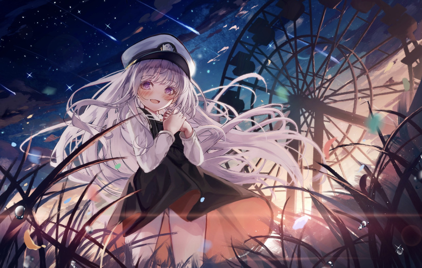 azur_lane, black_dress, blurry, blurry_foreground, blush, comet, dress, evening, ferris_wheel, grass, hat, heaven's_melody, highres, little_enterprise_(azur_lane), long_hair, looking_at_viewer, meteor_shower, open_mouth, own_hands_together, peaked_cap, pinafore_dress, scenery, shirt, sleeveless, sleeveless_dress, smile, standing, sunset, twilight, very_long_hair, violet_eyes, white_hair, white_headwear, white_shirt