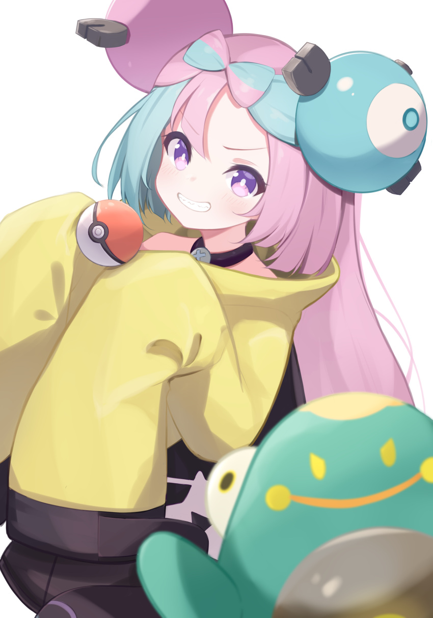 1girl, absurdres, bellibolt, blush, bright_pupils, character_hair_ornament, commentary_request, green_hair