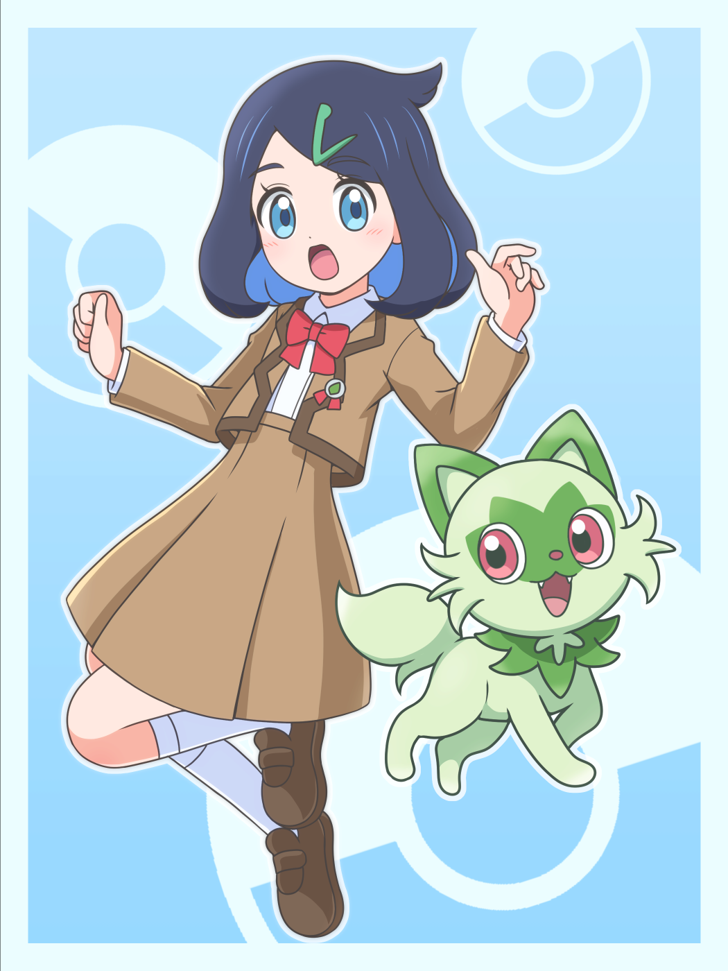 1girl, black_hair, blue_eyes, blush, border, bow, bowtie, brown_footwear, brown_jacket, brown_skirt, collared_shirt, commentary_request, eyelashes, hair_ornament, hairclip, hands_up, highres, jacket, kato-shun, liko_(pokemon), medium_hair, open_clothes, open_jacket, open_mouth, pleated_skirt, poke_ball_symbol, pokemon, pokemon_(anime), pokemon_(creature), pokemon_horizons, red_bow, red_bowtie, school_uniform, shirt, shoes, skirt, socks, sprigatito, tongue, white_shirt, white_socks