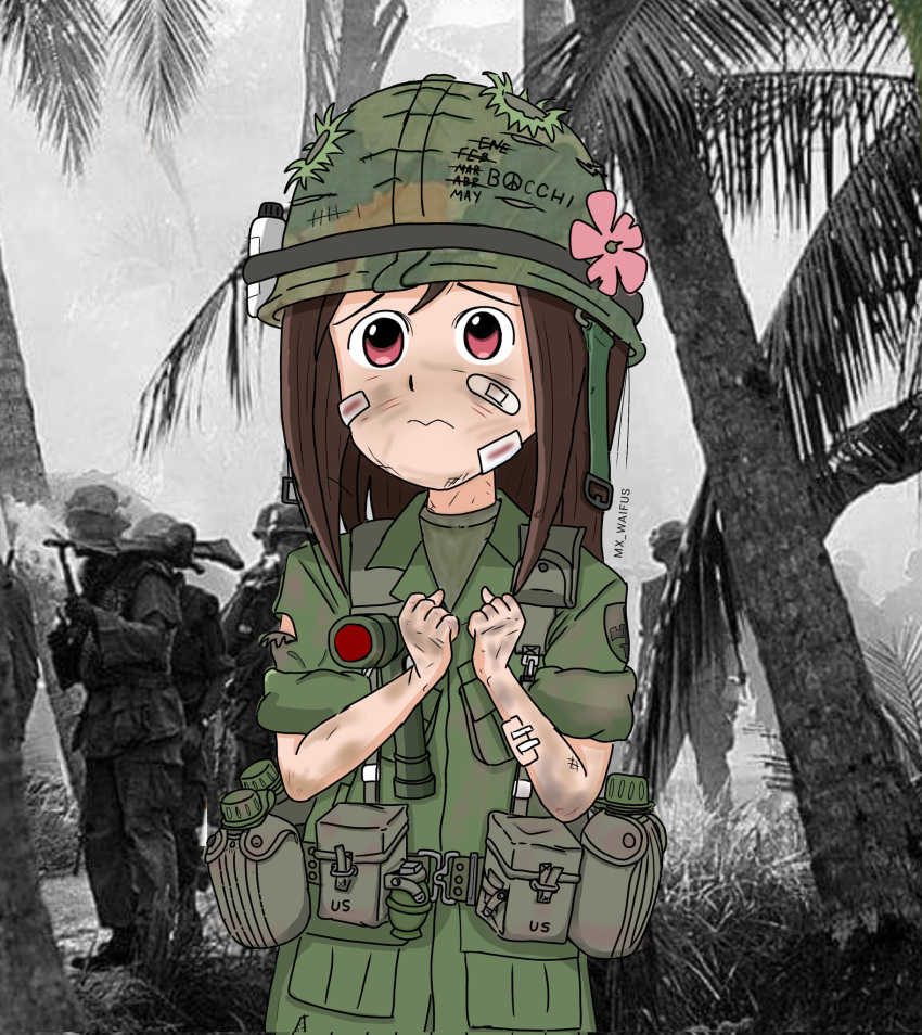 1girl, 4boys, bandaid, bandaid_on_face, canteen, coconut_tree, hair_ribbon, helmet