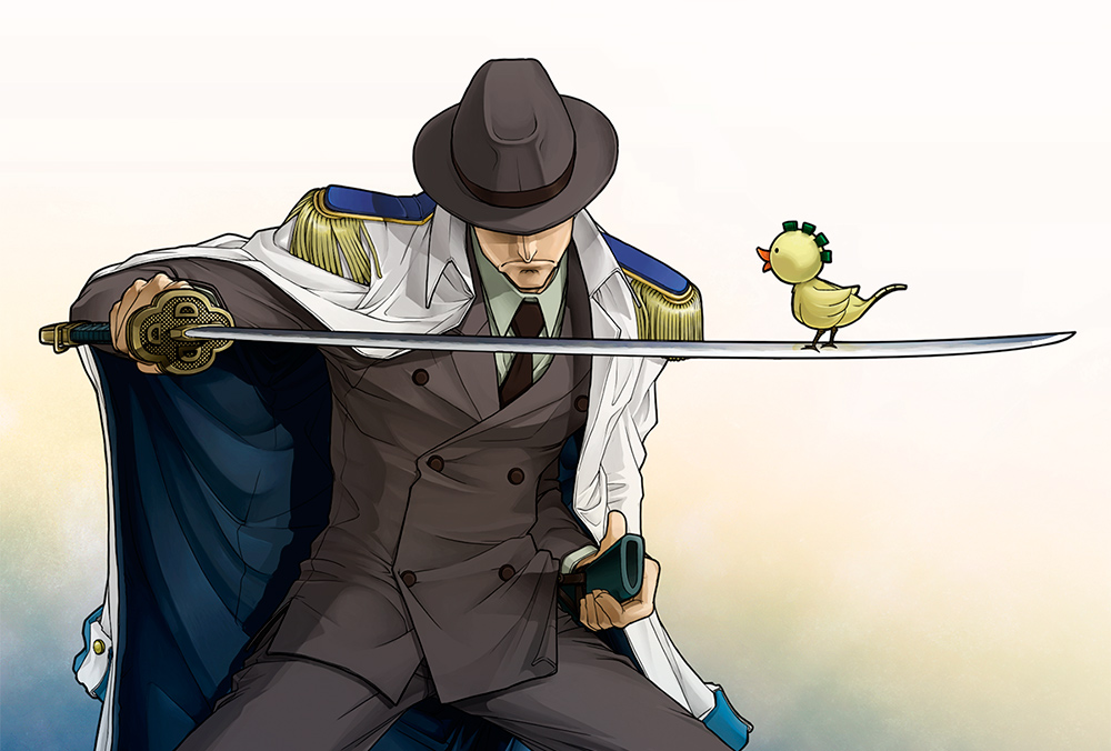 1boy, animal, bird, bogard_(one_piece), closed_mouth, covered_eyes, holding, holding_sword