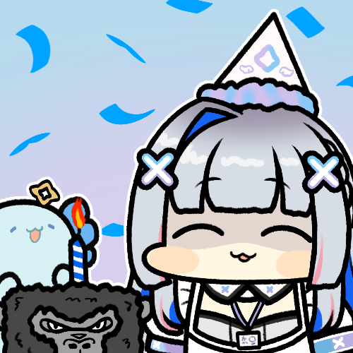 1girl, amane_kanata, apron, armband, asymmetrical_bangs, asymmetrical_hair, axolotl, birthday_cake