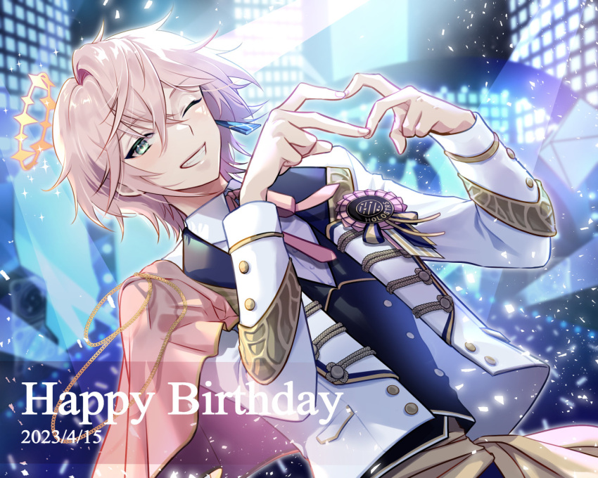 1boy, award_ribbon, black_vest, blush, capelet, chain, collared_shirt, crossed_bangs