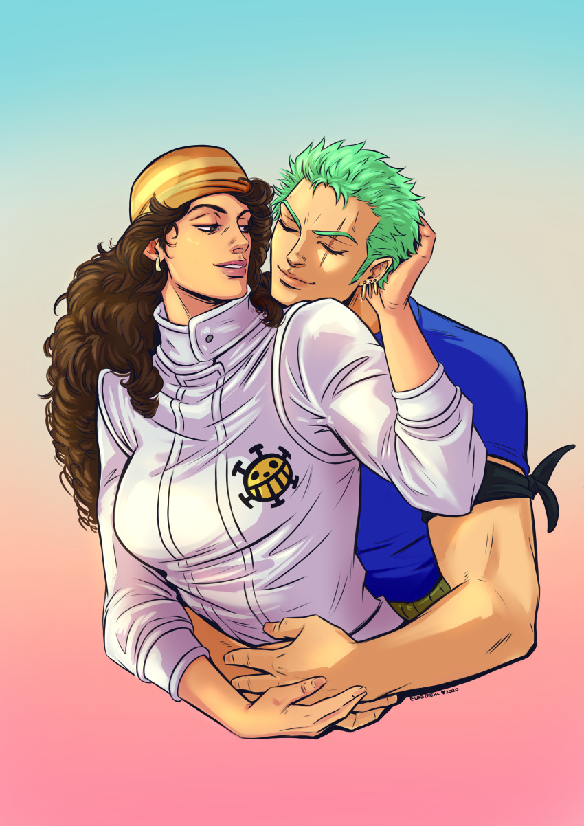 1boy, 1girl, absurdres, brown_hair, closed_eyes, closed_mouth, curly_hair, earrings