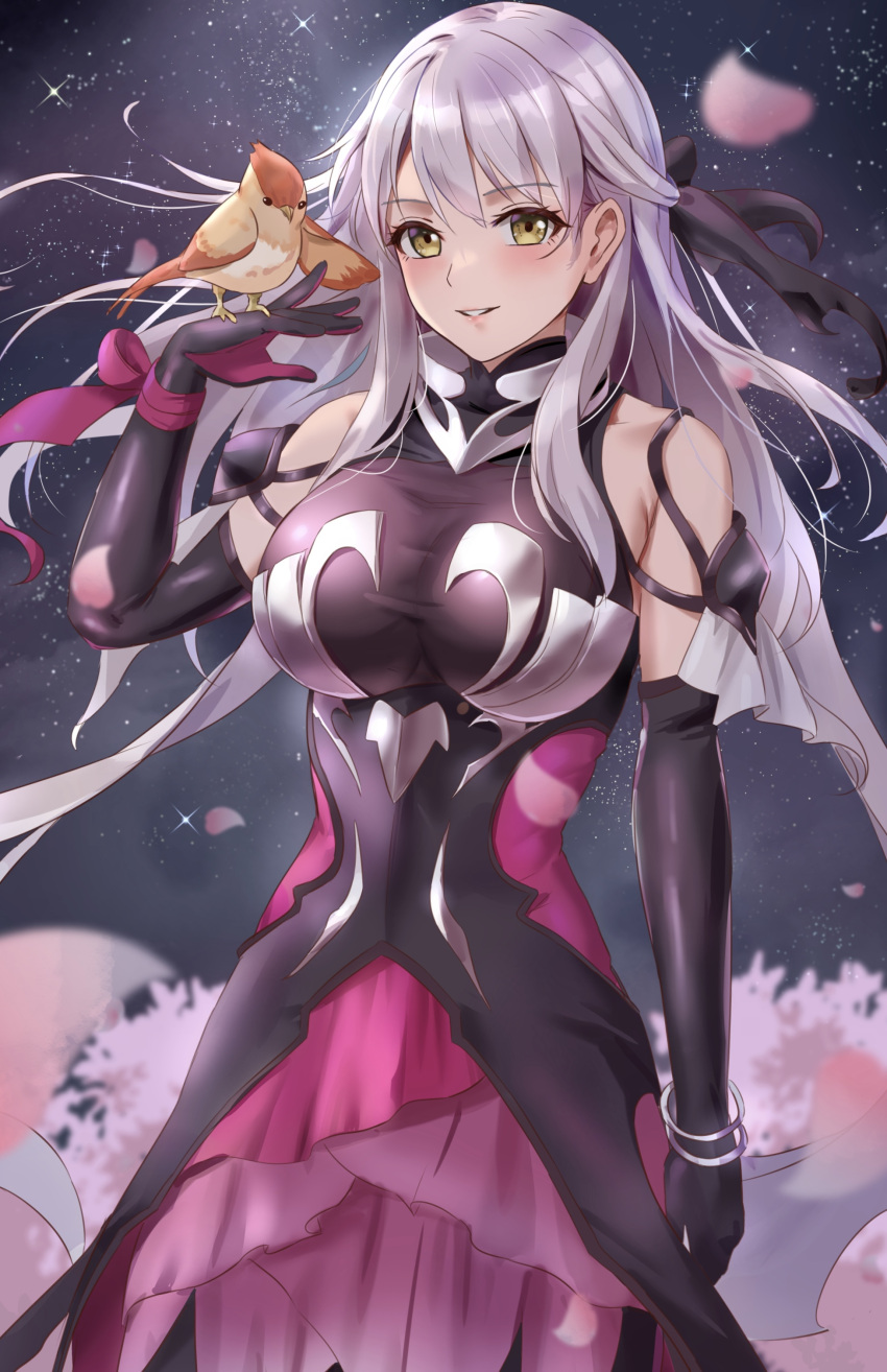 1girl, absurdres, amayo_thranana, bare_shoulders, bird, bird_on_hand, black_gloves, bracelet