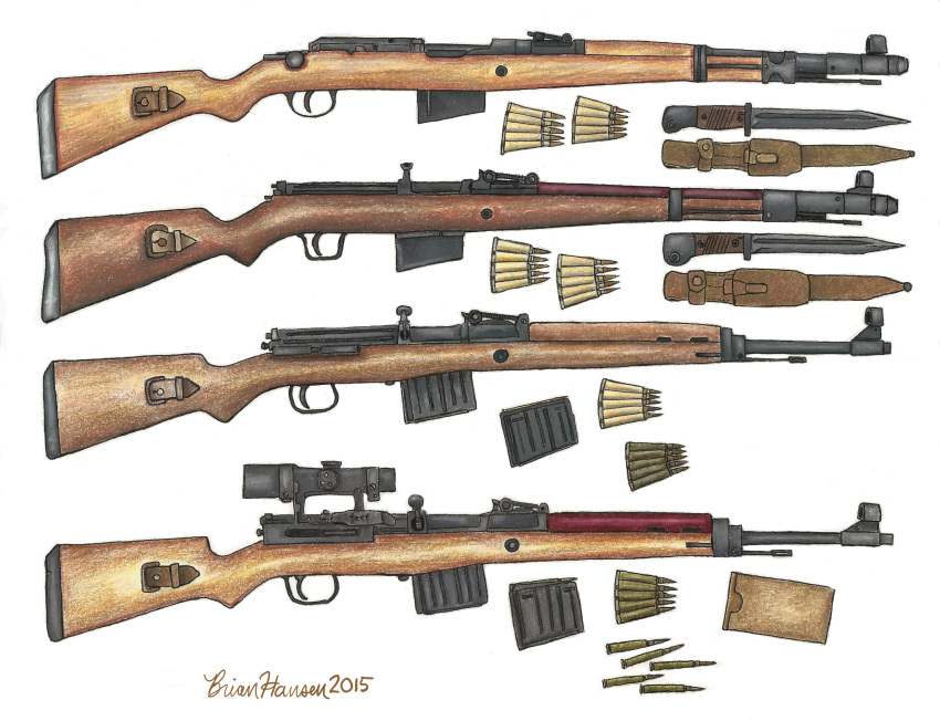 2015, absurdres, ammunition, artist_name, bayonet, carton, clip_(weapon), colored_pencil_(medium)