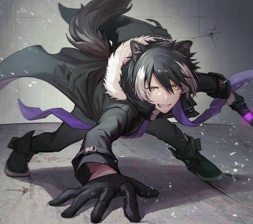 1boy, animal_ears, ankle_boots, black_coat, black_footwear, black_gloves, black_hair, black_pants