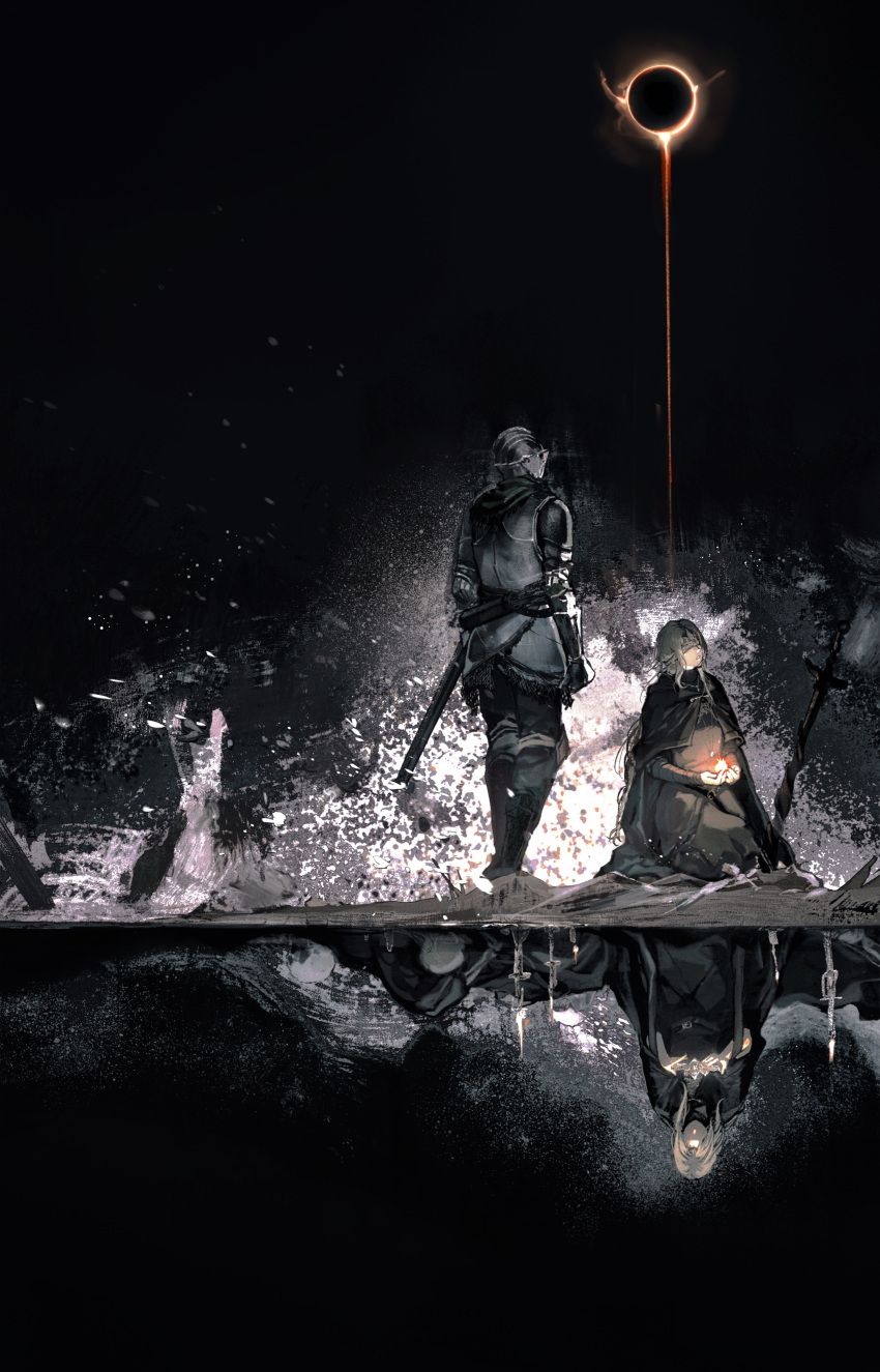 1girl, 1other, absurdres, ambiguous_gender, arm_wrap, armor, ashen_one_(dark_souls_3), black_background