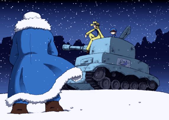 3boys, advance_wars, amatera, blue_headwear, colin_(advance_wars), cowboy_hat, grit_(advance_wars), hat, military, military_vehicle, motor_vehicle, multiple_boys, night, night_sky, sky, snow, snowing, tank, whip_(advance_wars), white_headwear