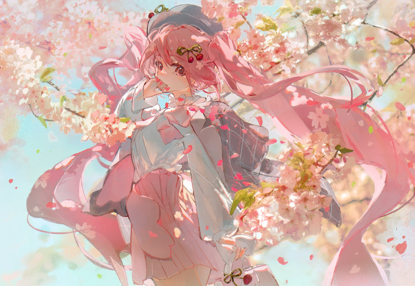 1girl, bag, cherry_blossoms, cherry_hair_ornament, commentary, cowboy_shot, falling_petals, food-themed_hair_ornament