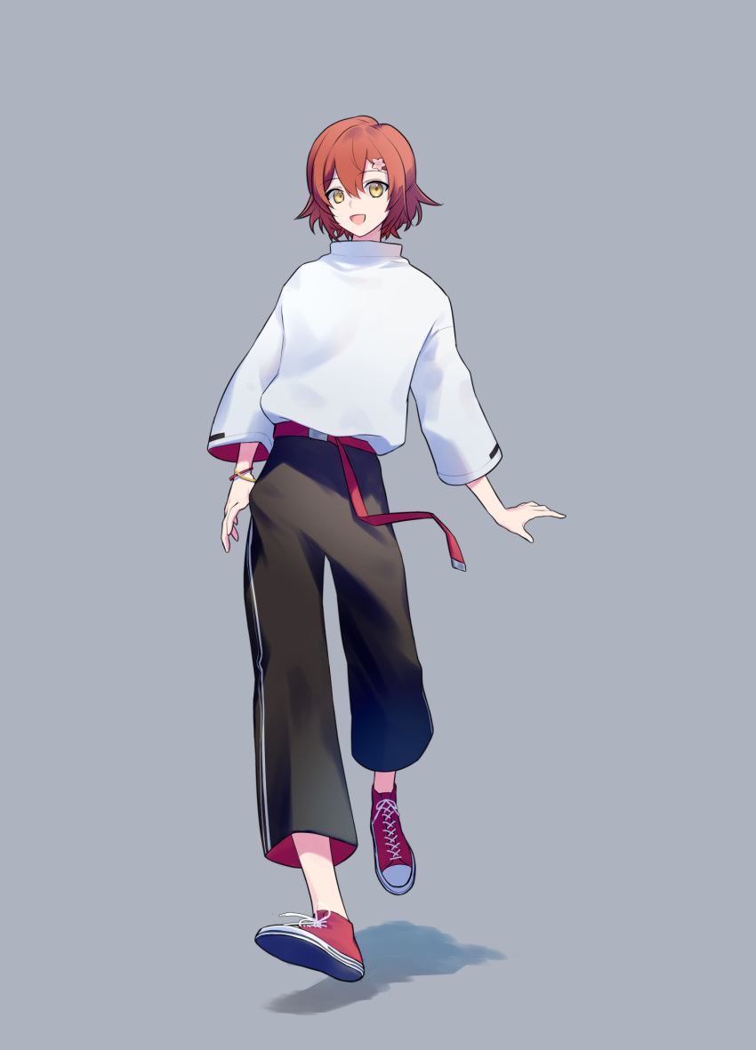 1boy, :d, alternate_costume, belt, black_pants, bracelet, casual, flower