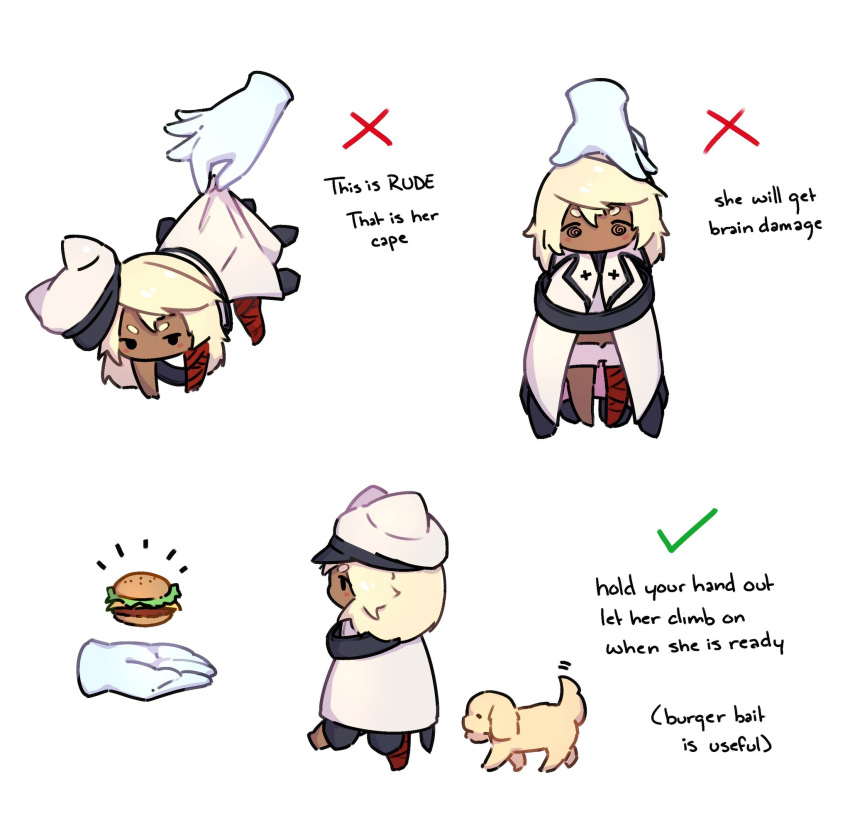 1girl, 1other, @_@, animal, bandaged_arm, bandaged_leg, bandages, blonde_hair, burger, cape, chibi, commentary, dark-skinned_female, dark_skin, derivative_work, disembodied_limb, dog, english_commentary, english_text, food, gloves, guilty_gear, guilty_gear_strive, highres, how_to, how_to_hold_x_(meme), jasmine_real, lifting_person, magehound, medium_hair, meme, minigirl, ramlethal_valentine, short_eyebrows, shorts, white_cape, white_gloves