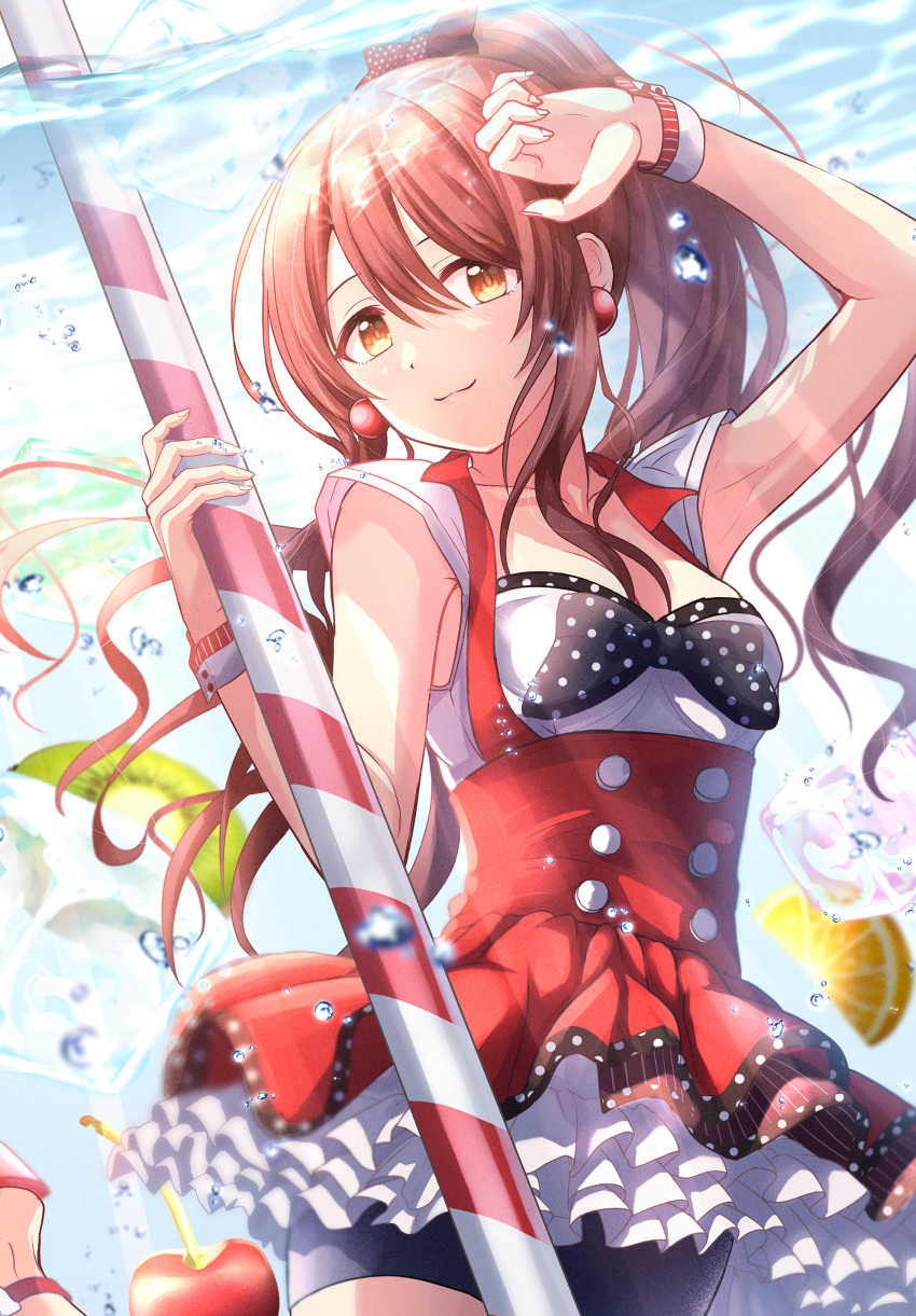 1girl, absurdres, air_bubble, arm_up, armpits, bike_shorts, bow, brown_hair