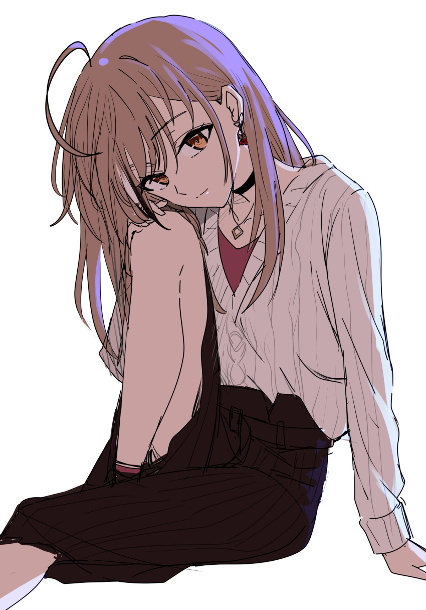 1girl, ahoge, backlighting, belt, berry, black_choker, brown_eyes, brown_hair