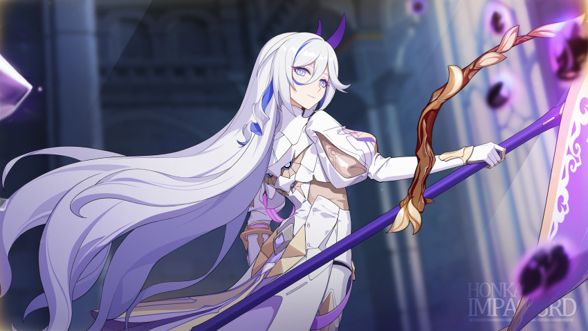 1girl, chinese_commentary, closed_mouth, formal, gloves, hair_between_eyes, hare_(honkai_impact), highres, holding, holding_polearm, holding_weapon, honkai_(series), honkai_impact_3rd, long_hair, official_art, official_wallpaper, polearm, smile, solo, standing, suit, upper_body, weapon, white_gloves, white_hair, white_sleeves, white_suit