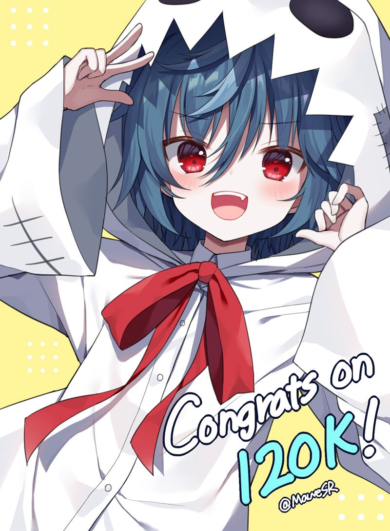 1girl, :d, arm_up, blue_hair, blush, bow, commentary, congratulations, english_commentary, fang, ghost_costume, hand_up, hood, hood_up, idol_corp, long_sleeves, looking_at_viewer, mauve, milestone_celebration, red_bow, red_eyes, simple_background, sleeves_past_wrists, smile, solo, twitter_username, v-shaped_eyebrows, virtual_youtuber, wide_sleeves, yellow_background, yuko_yurei