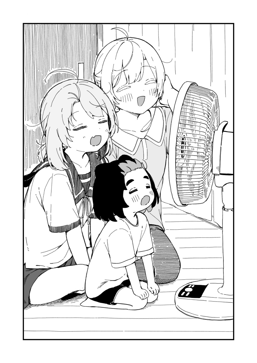 3girls, :d, ^_^, blush, closed_eyes, collared_shirt, commentary_request, electric_fan, fan_speaking, fanning_face, fanning_self, greyscale, hand_up, highres, indoors, long_sleeves, monochrome, multiple_girls, neck_ribbon, neko_to_chiyo, open_mouth, pants, ribbon, sailor_collar, school_uniform, seiza, serafuku, seramikku, shirt, short_shorts, short_sleeves, shorts, sitting, smile, wooden_floor