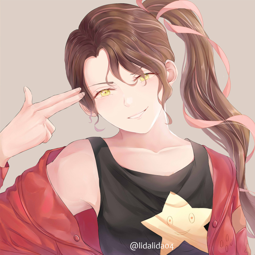 1girl, barbara_(yakusoku_no_neverland), black_hair, black_tank_top, hair_ribbon, highres, jacket, lidatan, long_hair, looking_at_viewer, parted_lips, pink_background, pink_ribbon, ponytail, print_tank_top, red_jacket, ribbon, simple_background, smile, solo, tank_top, yakusoku_no_neverland, yellow_eyes