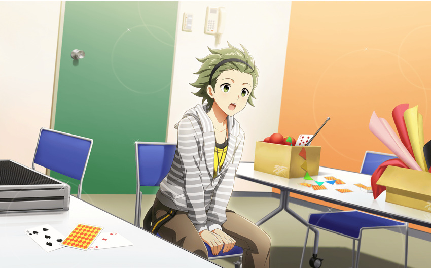 1boy, black_hairband, card, chair, door, fingernails, green_eyes, grey_hair
