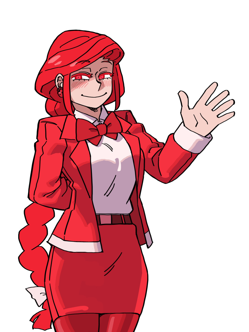 1girl, absurdres, arm_behind_back, bow, bowtie, braid, braided_ponytail, breasts