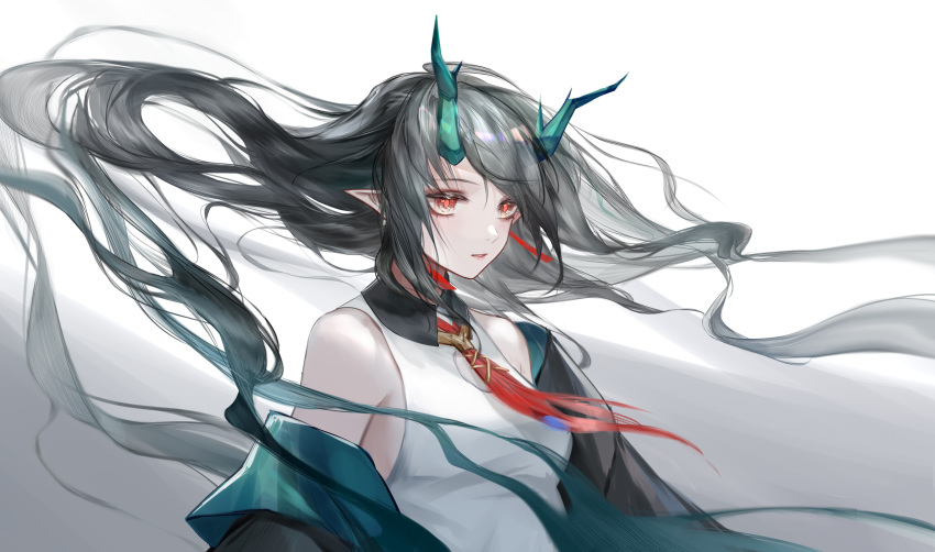 1girl, absurdres, arknights, bare_shoulders, black_hair, black_jacket, chinese_commentary, closed_mouth