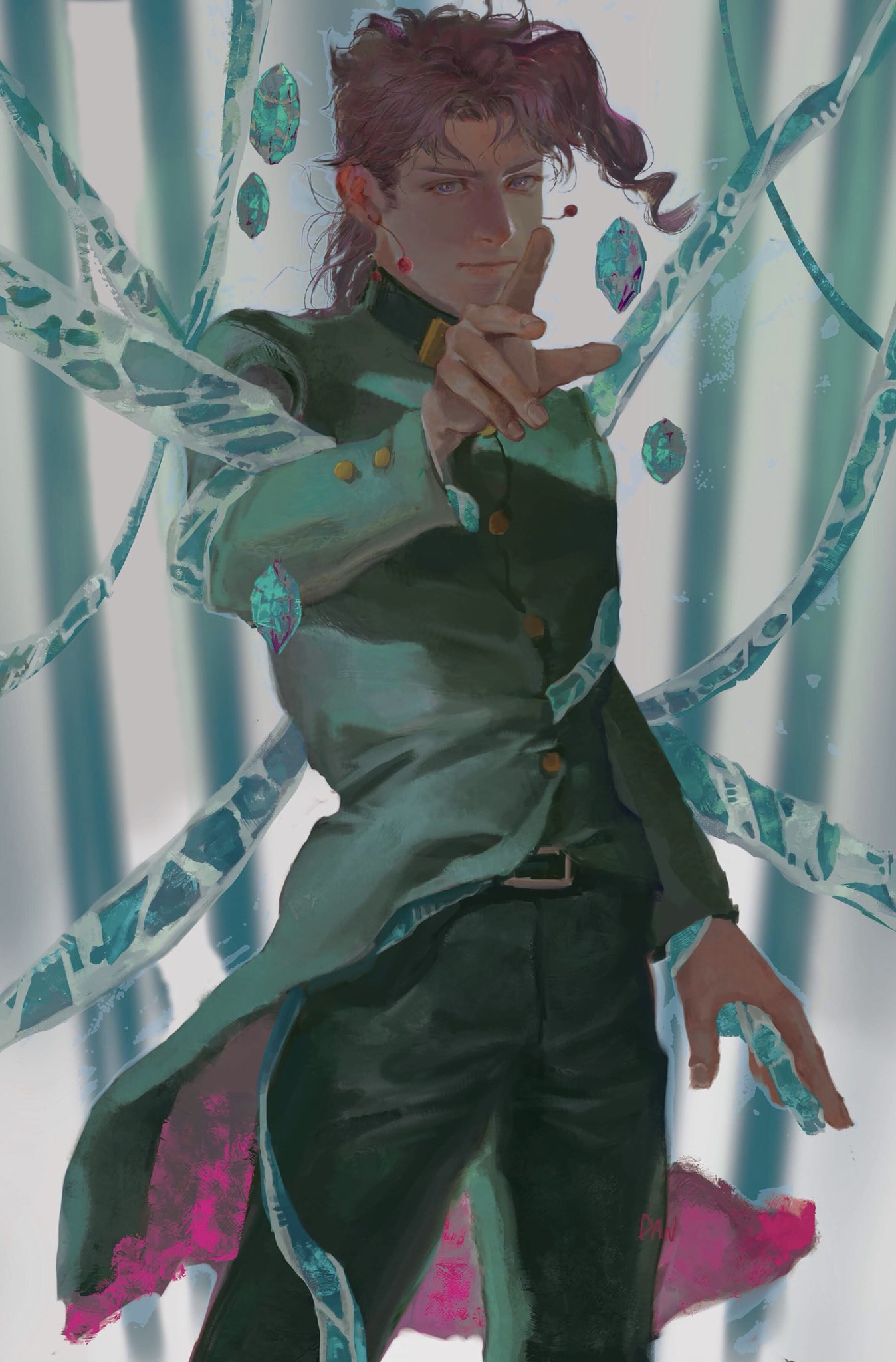 1boy, belt, cherry_earrings, closed_mouth, coat, commentary_request, danart14020, earrings, food-themed_earrings, green_coat, green_pants, hierophant_green, highres, jewelry, jojo_no_kimyou_na_bouken, kakyoin_noriaki, long_sleeves, looking_at_viewer, male_focus, pants, realistic, redhead, school_uniform, solo, stardust_crusaders, violet_eyes