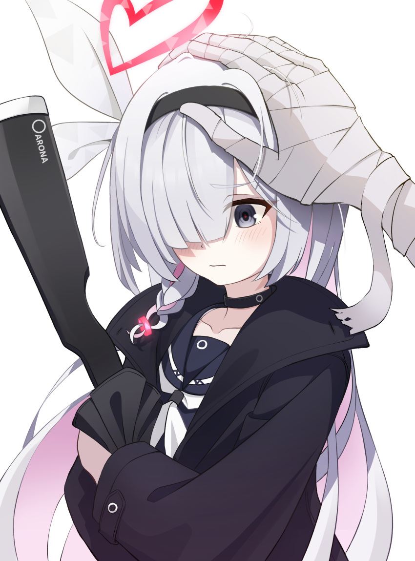 1boy, 1girl, bandaged_arm, bandages, black_choker, black_coat, black_eyes, black_hairband