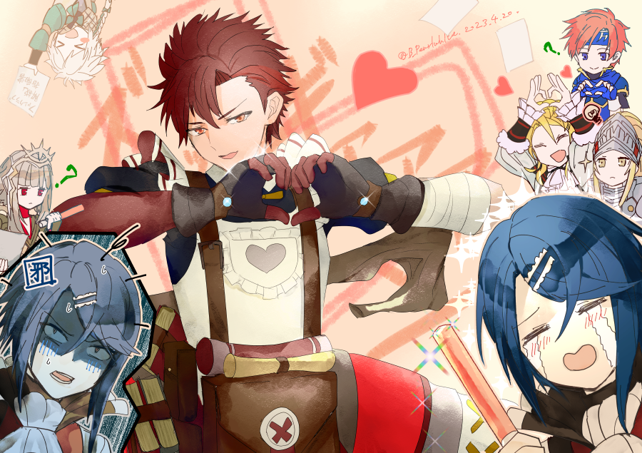 alcryst_(fire_emblem), amber_(fire_emblem), apron, blonde_hair, blue_hair, blush, clanne_(fire_emblem), diamant_(fire_emblem)