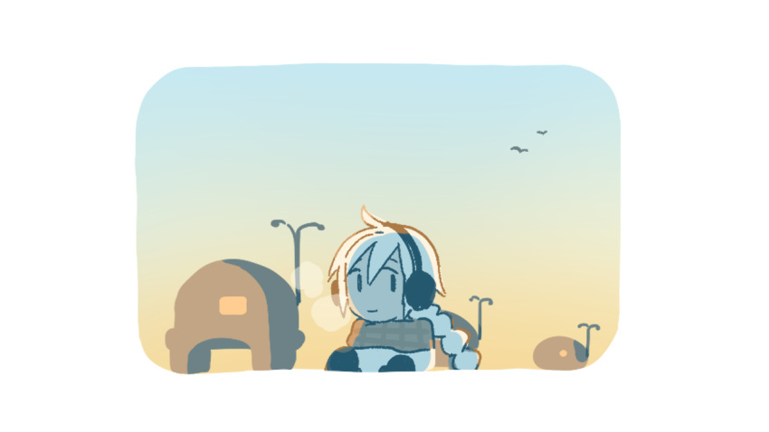 1girl, ahoge, bird, black_eyes, border, braid, breath, brown_scarf