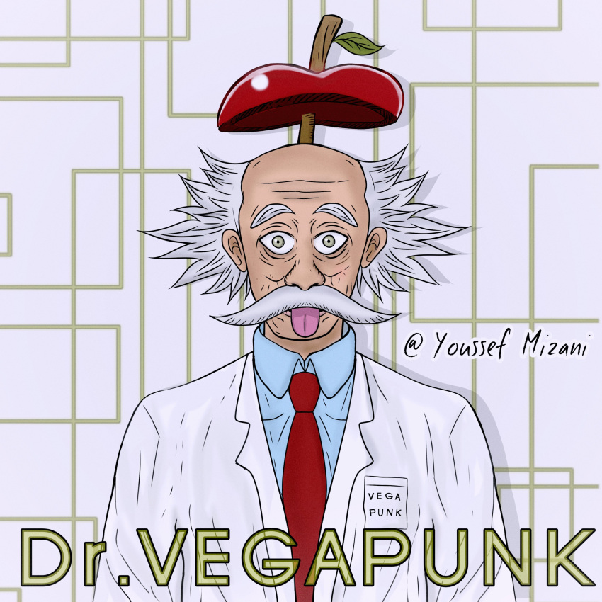 1boy, absurdres, artist_name, character_name, coat, dr._vegapunk, facial_hair, highres