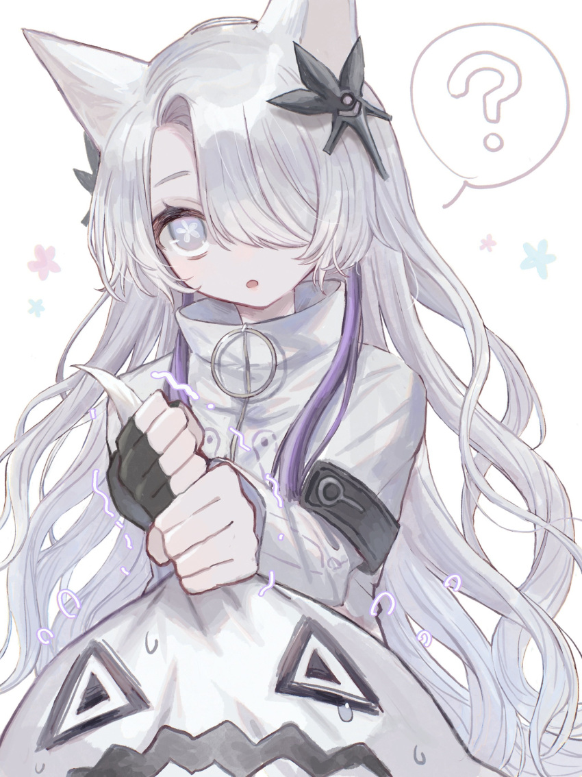 1girl, ?, absurdres, alternate_hairstyle, animal_ears, black_gloves, bright_pupils, cevio