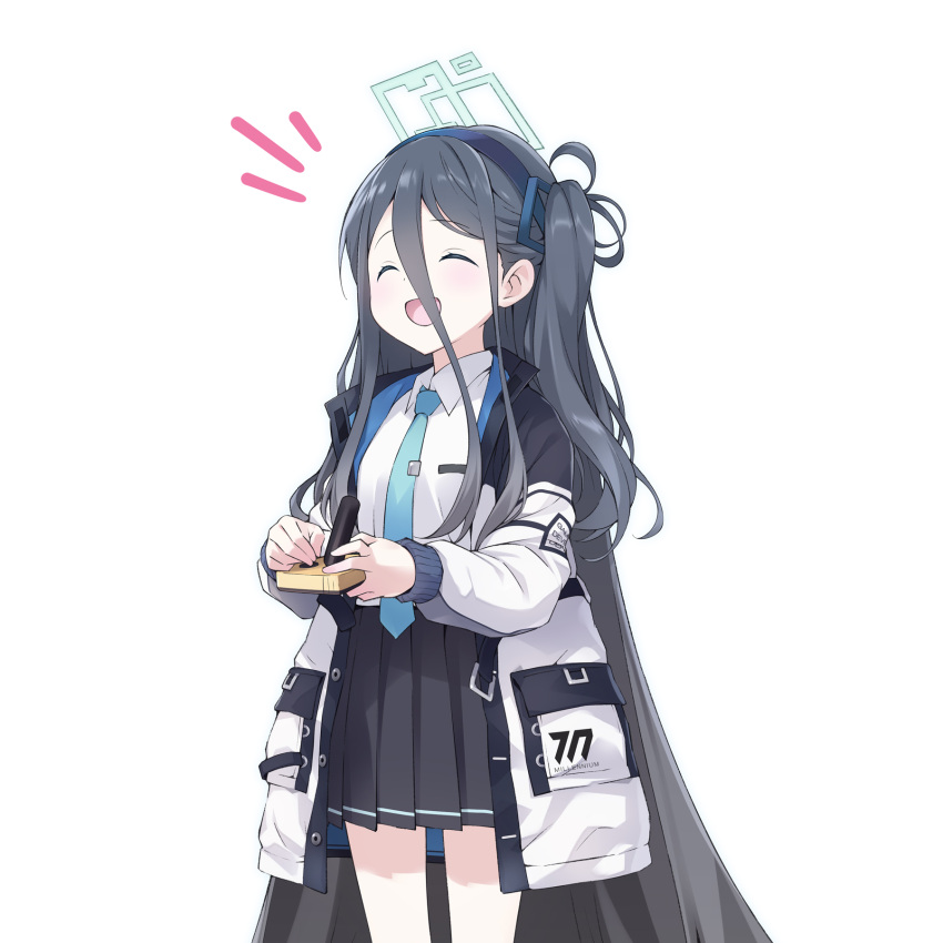 1girl, :d, ^_^, aris_(blue_archive), black_jacket, black_skirt, blue_archive, blue_hairband