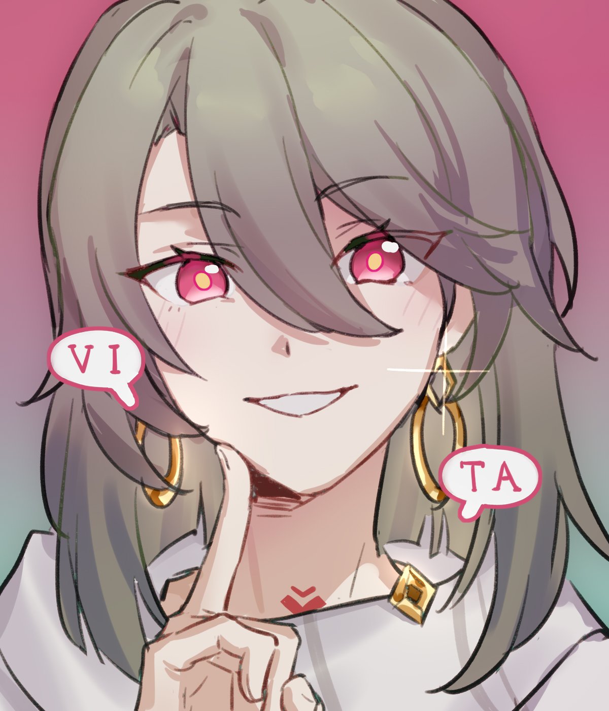 1girl, brown_hair, character_name, chinese_commentary, close-up, earrings, hair_between_eyes, hand_on_own_chin, highres, honkai_(series), honkai_impact_3rd, jewelry, looking_at_viewer, multicolored_background, neck_tattoo, parted_lips, simple_background, smile, solo, tattoo, upper_body, vita_(honkai_impact), yellow_pupils, yuuz123