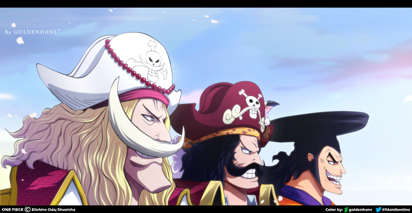 3boys, artist_name, black_hair, blonde_hair, edward_newgate, facial_hair, from_side, gol_d._roger