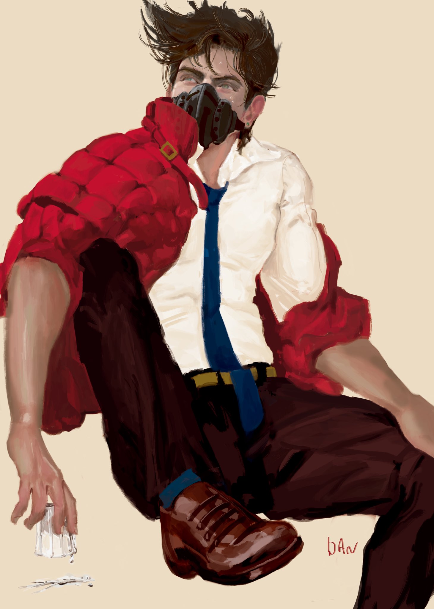 1boy, artist_name, battle_tendency, blue_necktie, brown_hair, brown_pants, commentary, cup