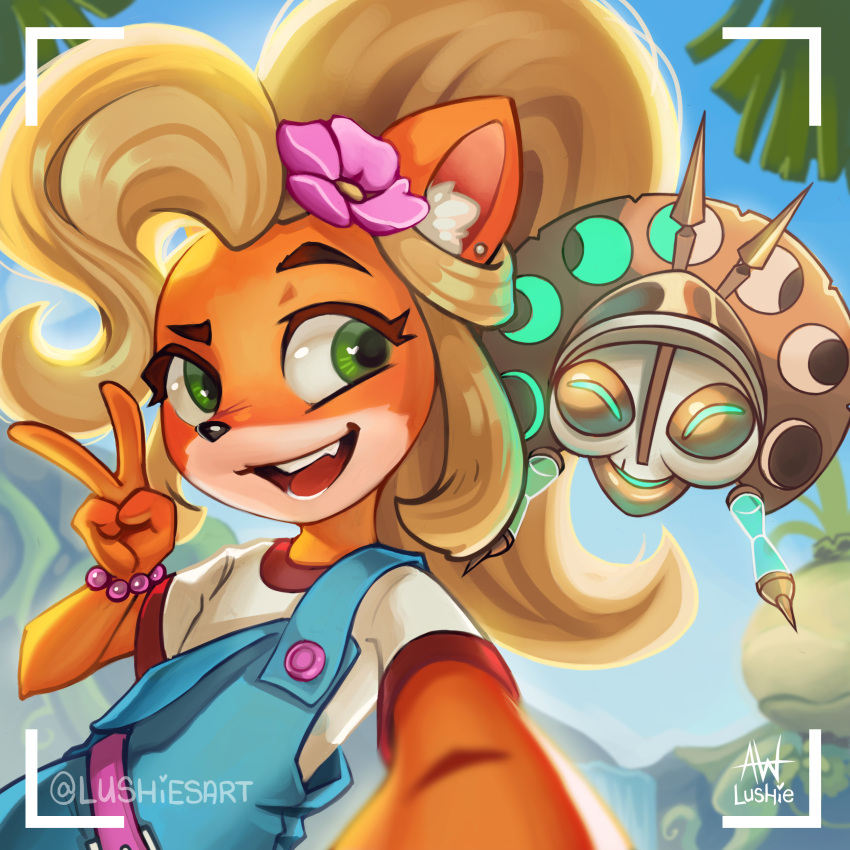 1girl, absurdres, artist_name, blue_overalls, blue_sky, bracelet, coco_bandicoot, crash_bandicoot_(series), flower, furry, furry_female, green_eyes, hair_flower, hair_ornament, highres, jewelry, long_hair, looking_at_viewer, lushiesart, mask, open_mouth, outdoors, overalls, pink_flower, selfie, shirt, sky, teeth, upper_body, v, viewfinder, watermark, white_shirt