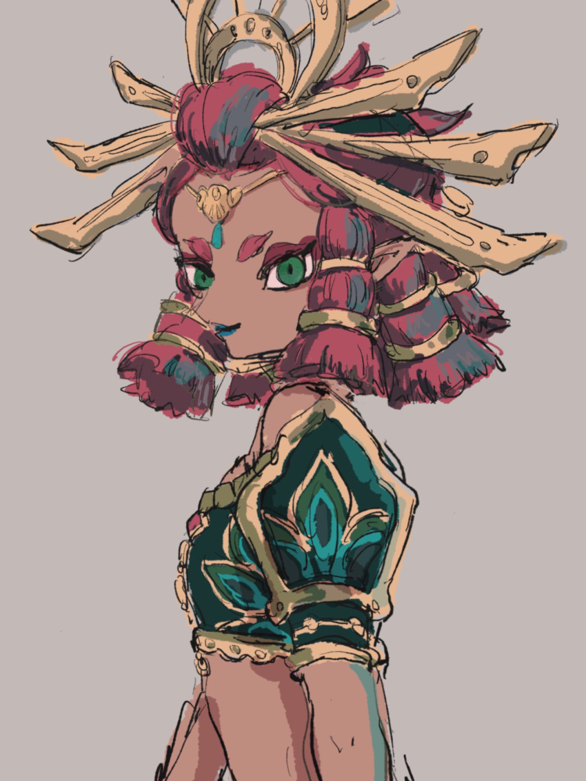 1girl, 723_(yamenkaaa), armor, blue_lips, blunt_ends, circlet, crop_top, dark-skinned_female
