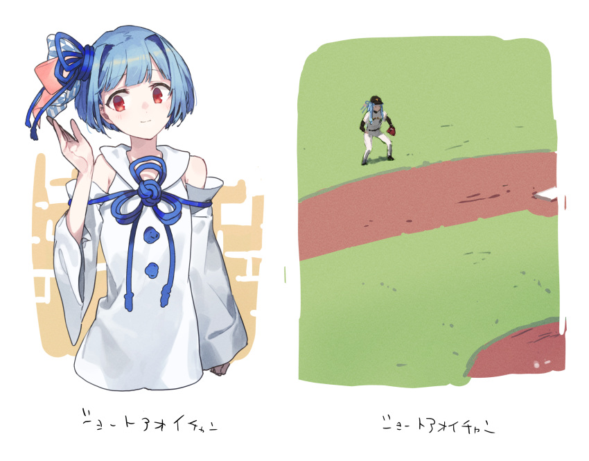 1girl, alternate_hair_length, alternate_hairstyle, armpit_crease, bare_shoulders, baseball_base, baseball_mitt, baseball_stadium