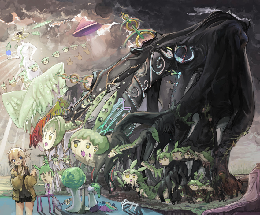 1girl, biblically_accurate_angel, black_shirt, black_skirt, blonde_hair, blue_eyes, body_horror, chain