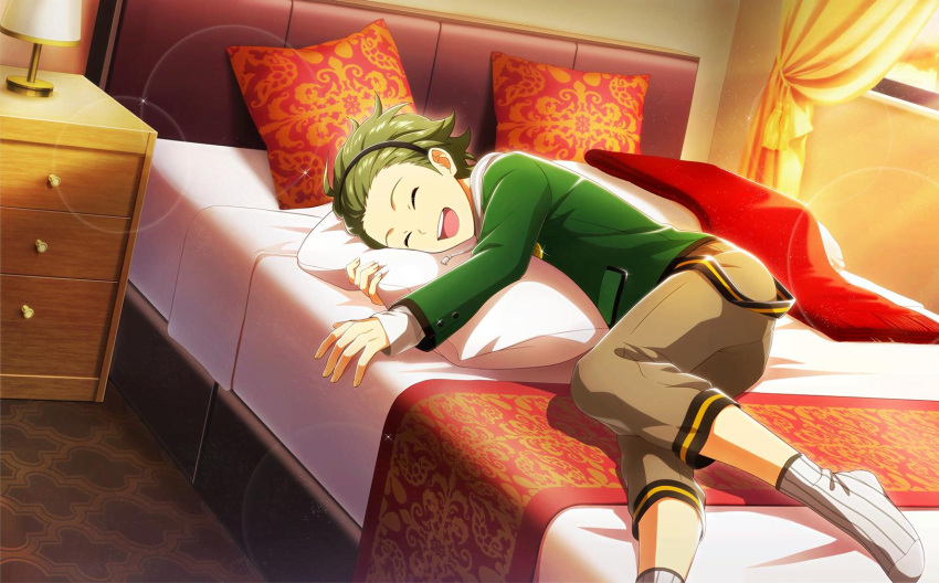 1boy, ahoge, bed, black_headband, curtains, fingernails, green_eyes, green_hair