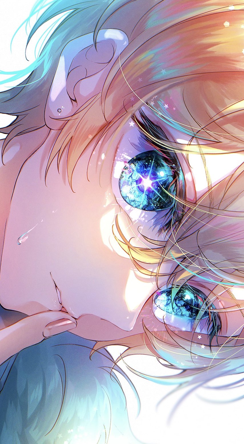 1boy, blonde_hair, blue_eyes, ear_piercing, eyelashes, fingernails, fur_trim, hair_between_eyes
