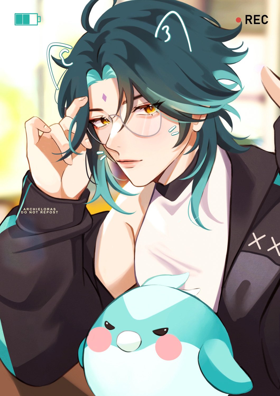 1boy, ahoge, alternate_costume, animal_ears, archieloras, artist_name, bird, black_eyes, black_hair, black_jacket, blue_fur, blue_hair, blurry, blurry_background, blush, cat_ears, closed_mouth, collared_jacket, eyeshadow, facial_mark, feathered_wings, forehead_mark, genshin_impact, glasses, hair_between_eyes, hand_up, highres, indoors, jacket, lips, long_sleeves, looking_at_viewer, makeup, multicolored_hair, open_clothes, open_jacket, puffy_long_sleeves, puffy_sleeves, red_eyeshadow, shirt, short_hair, single_bare_shoulder, sitting, sleeveless, sleeveless_shirt, smile, t-shirt, table, two-tone_hair, viewfinder, watermark, white_shirt, wings, xiao_(genshin_impact), yellow_eyes
