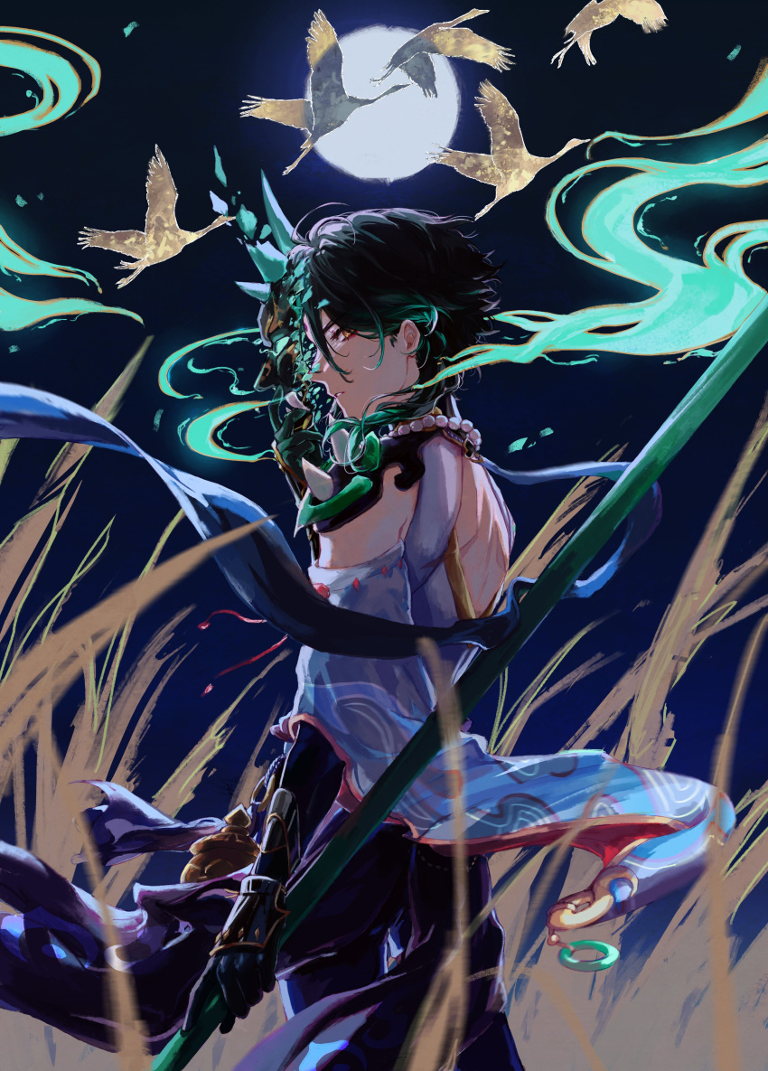 1boy, absurdres, armor, bare_back, bird, black_gloves, black_hair, black_mask, black_pants, black_sky, blue_hair, blue_sky, detached_sleeves, eyeshadow, facial_mark, feathered_wings, flying, forehead_mark, from_side, full_moon, genshin_impact, gloves, gradient_sky, hair_between_eyes, hand_up, highres, holding, holding_mask, holding_weapon, jewelry, long_sleeves, looking_at_viewer, makeup, male_focus, mask, moon, multicolored_hair, necklace, night, night_sky, outdoors, pants, pearl_necklace, peatchoune, primordial_jade_winged-spear_(genshin_impact), red_eyeshadow, shirt, short_hair, shoulder_armor, single_bare_shoulder, single_detached_sleeve, sky, sleeveless, sleeveless_shirt, solo, standing, teeth, two-tone_hair, weapon, white_shirt, wide_sleeves, window, wings, xiao_(genshin_impact), yellow_eyes