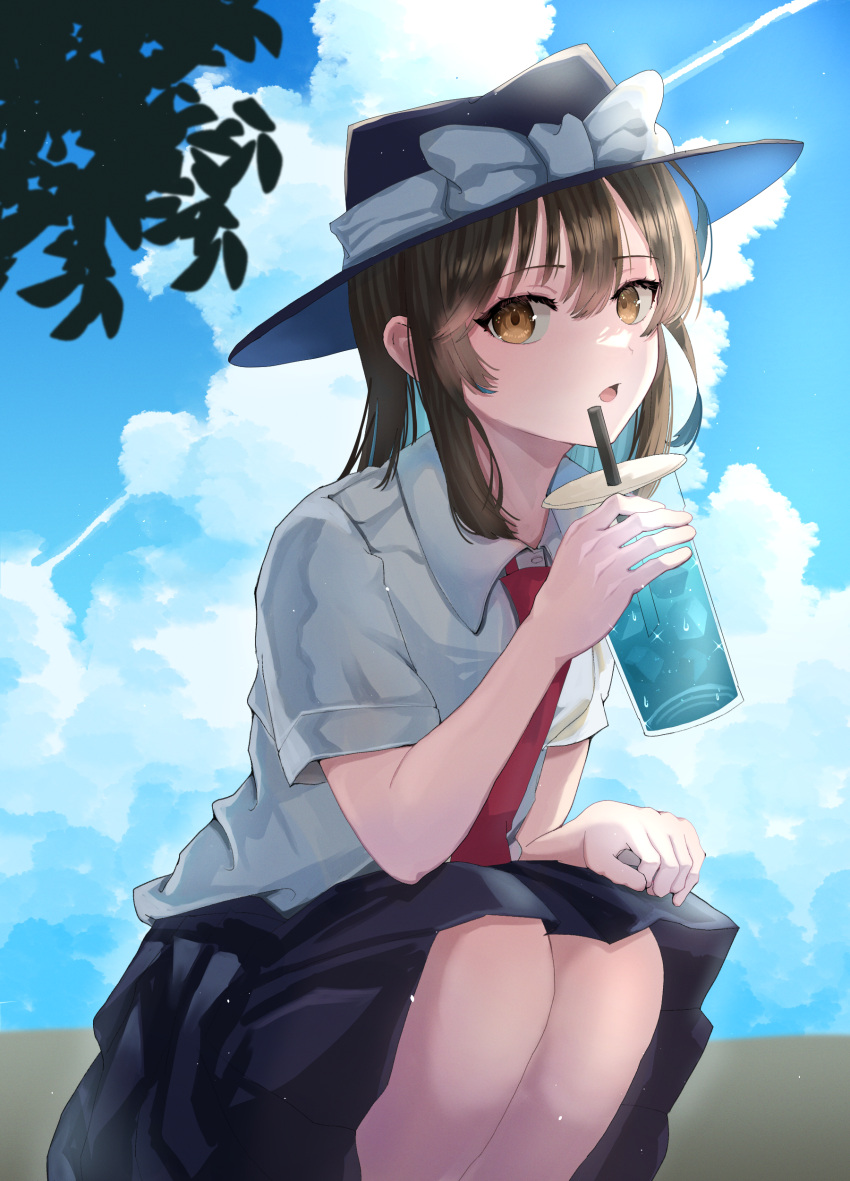 1girl, absurdres, bow, breasts, brown_eyes, brown_hair, clouds, cumulonimbus_cloud