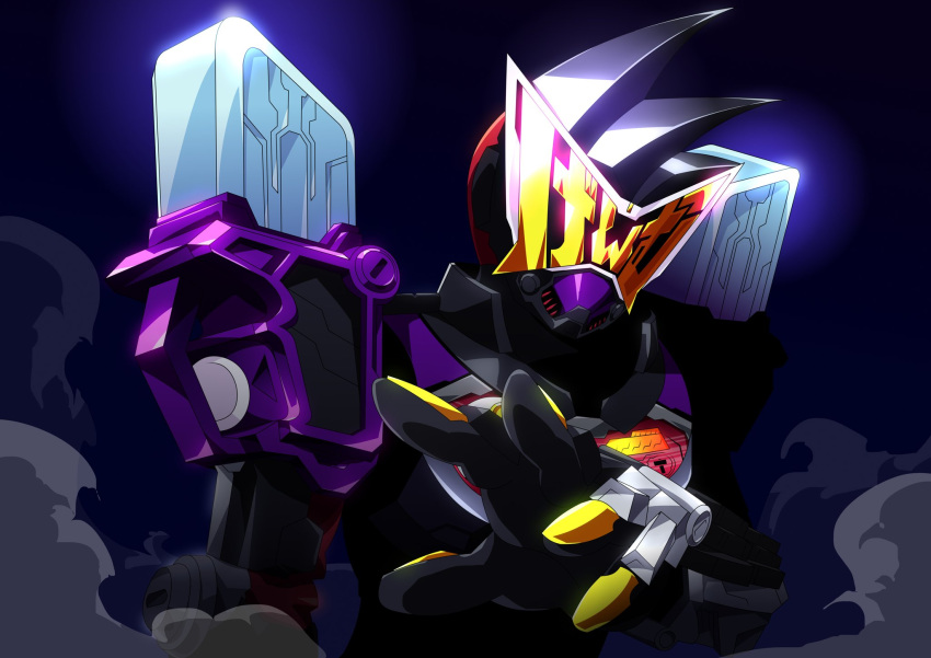 1boy, black_hair, bodysuit, game_console, genm_armor, gloves, hammer, health_bar